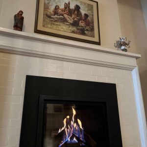 gas fireplace burning with glass doors after fireplace repair service